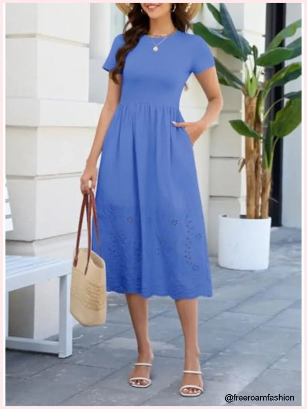 Women's Casual Short Sleeve Cotton A-Line Eyelet Maxi Dress with Pockets